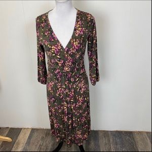 Boden Green Floral Jersey Knit V Neck Midi Dress